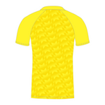 Rear of yellow, short sleeve, T20 cricket shirt with a geometric pattern