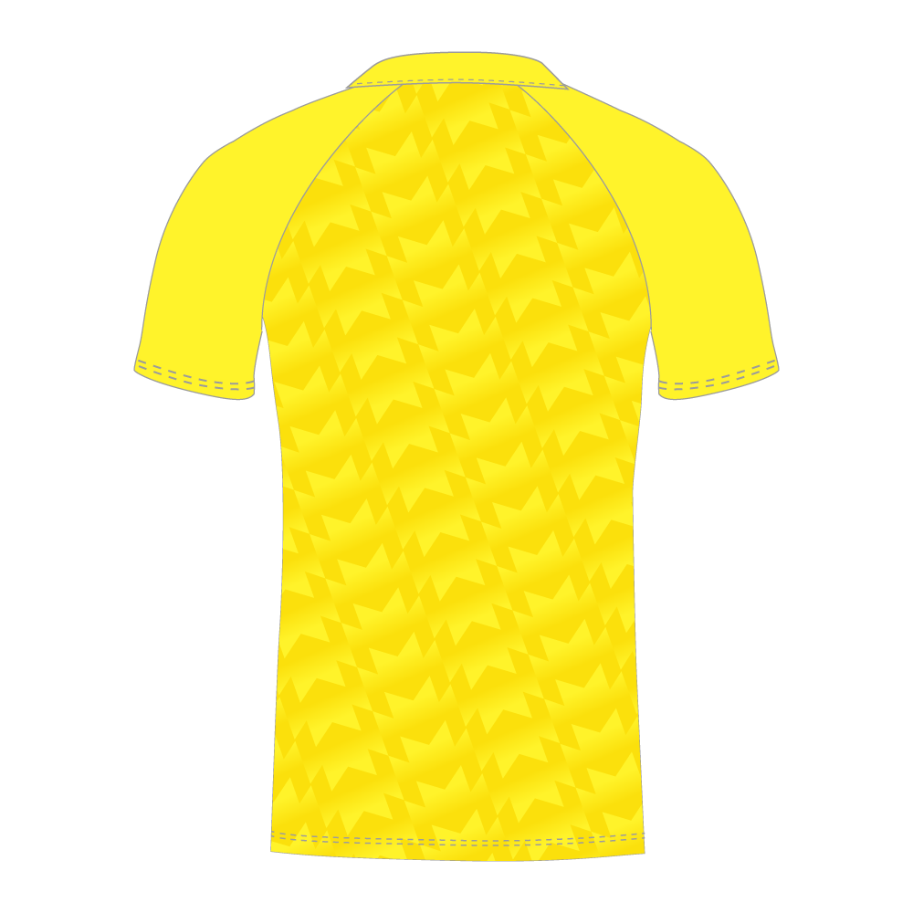 Rear of yellow, short sleeve, T20 cricket shirt with a geometric pattern