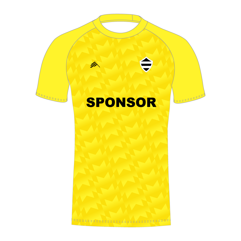Yellow T20 cricket shirt, sublimated, with 'SPONSOR' text