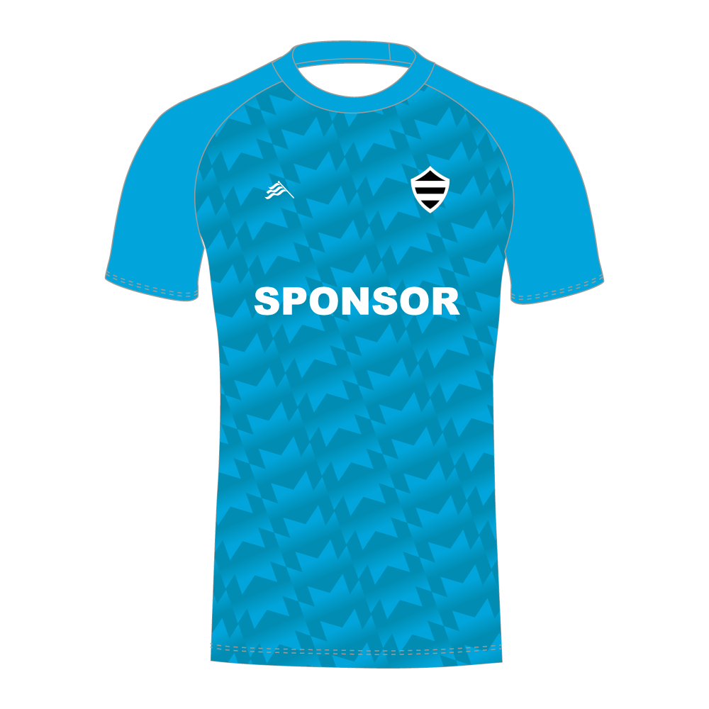 Blue T20 Stuart Surridge cricket shirt with a pattern and 'SPONSOR' text