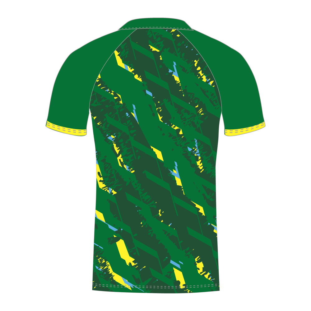 Green T20 cricket shirt with yellow and blue accents rear view