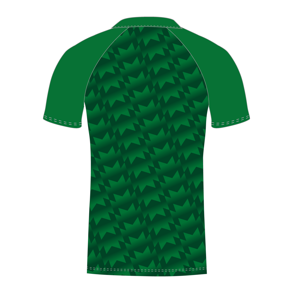 Green sublimated T20 cricket shirt with a geometric pattern rear