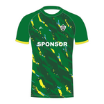 Green T20 cricket shirt with yellow and blue accents and a visible sponsor logo