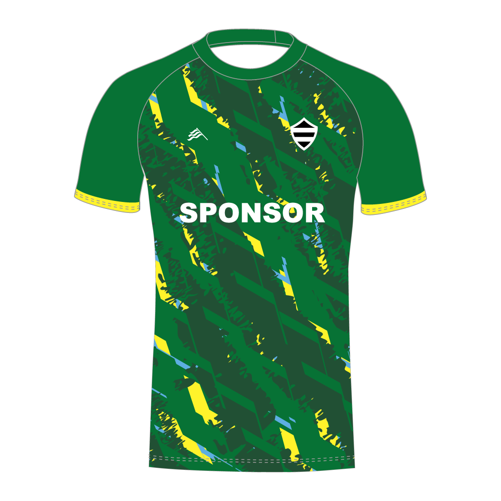 Green T20 cricket shirt with yellow and blue accents and a visible sponsor logo