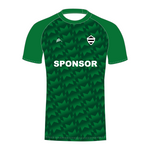 Short sleeve, green T20 cricket shirt with pattern and 'SPONSOR' text