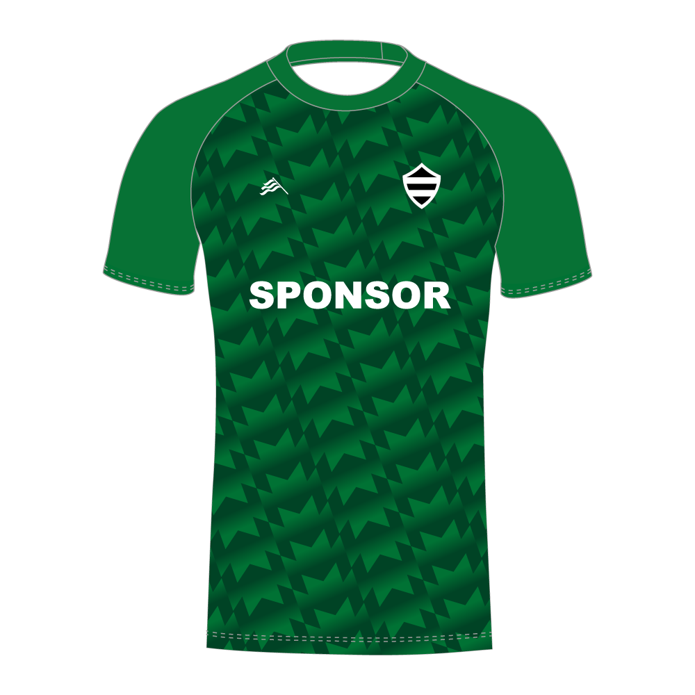 Short sleeve, green T20 cricket shirt with pattern and 'SPONSOR' text