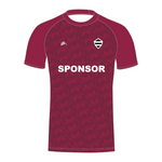 Maroon cricket sports shirt with pattern and 'SPONSOR' text