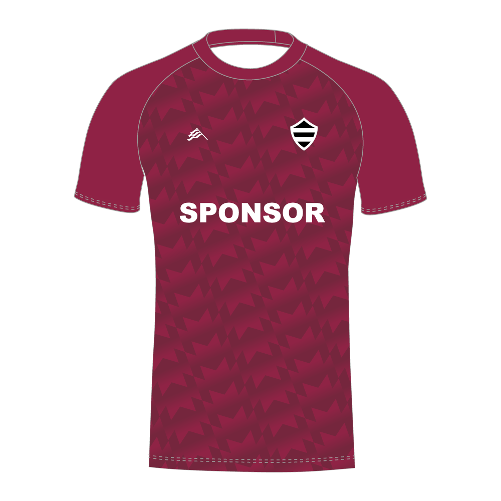 Maroon cricket sports shirt with pattern and 'SPONSOR' text