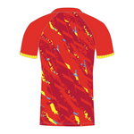 Red T20 cricket shirt with blue and yellow geometric patterns
