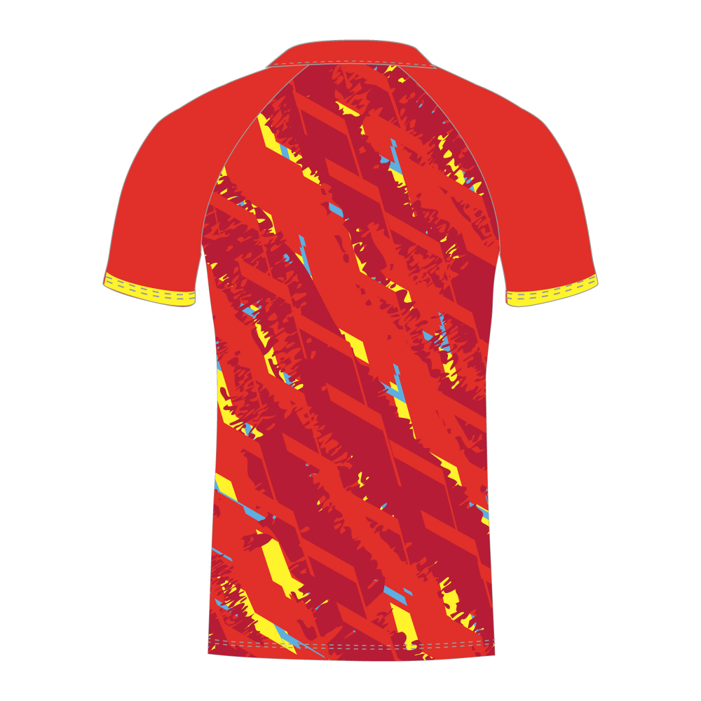 Red T20 cricket shirt with blue and yellow geometric patterns
