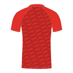 Rear of red patterned sports shirt on a white background