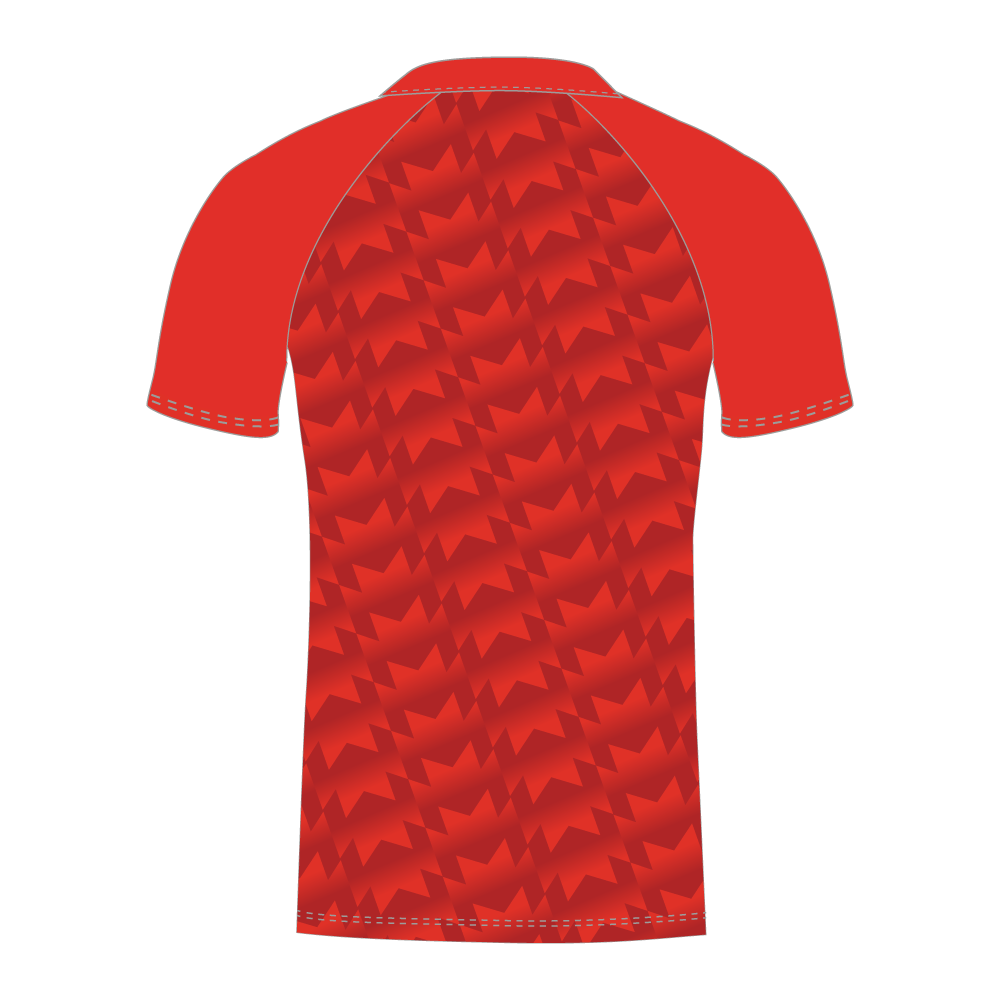 Rear of red patterned sports shirt on a white background