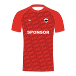 Red patterned cricket jersey with a pattern and 'SPONSOR' text