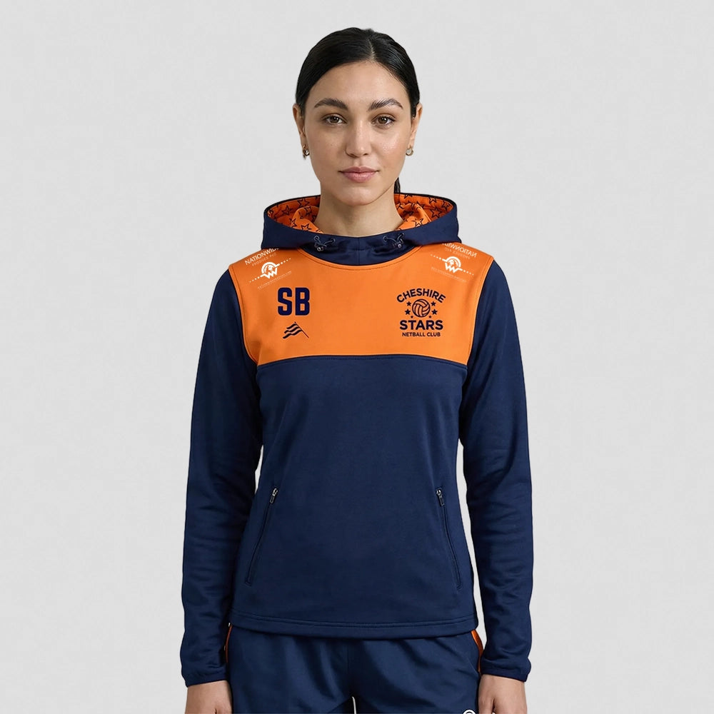 Model wearing Cheshire Stars Netball Club Evo Hoodie – Adult