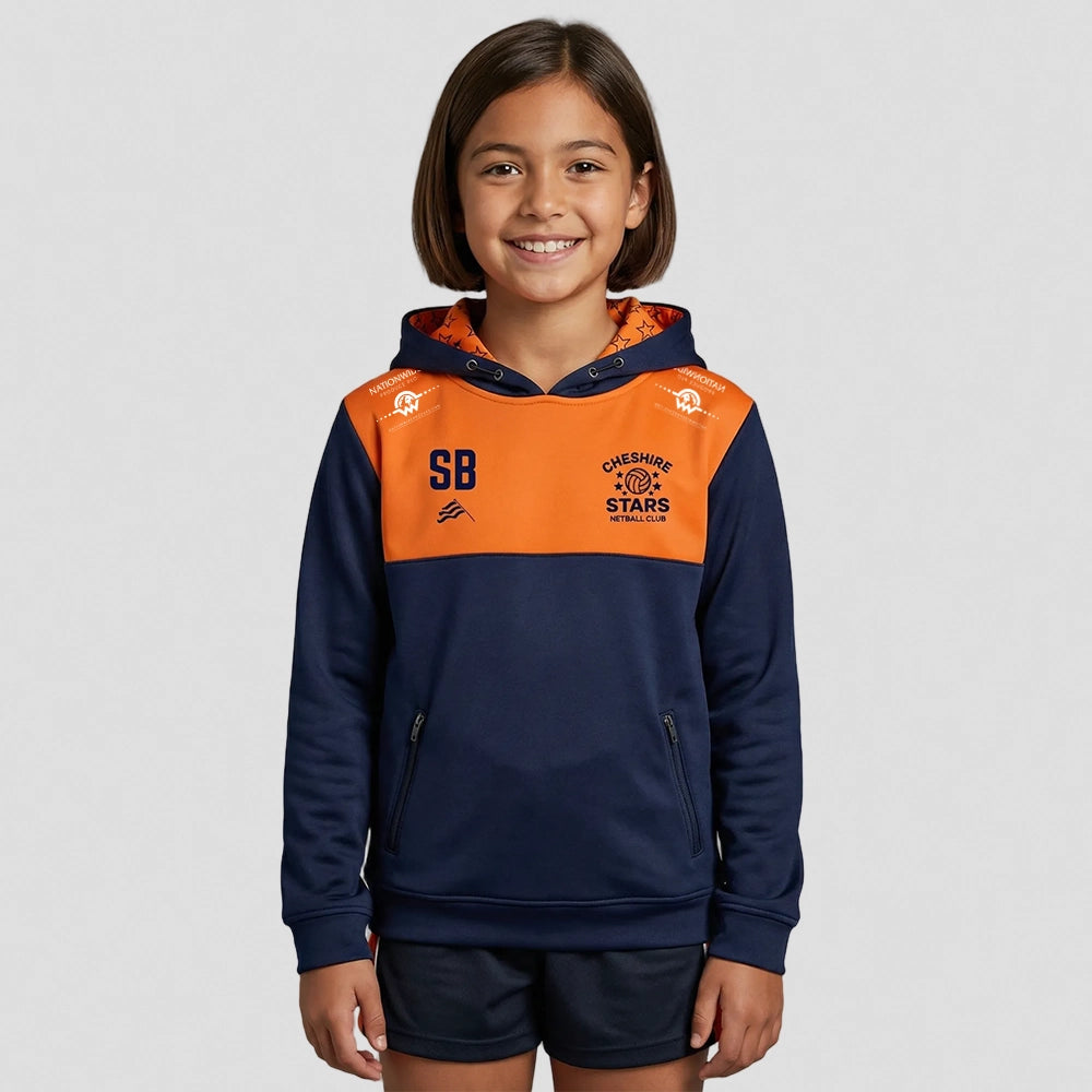 Model wearing Cheshire Stars Netball Club Evo Hoodie – Junior