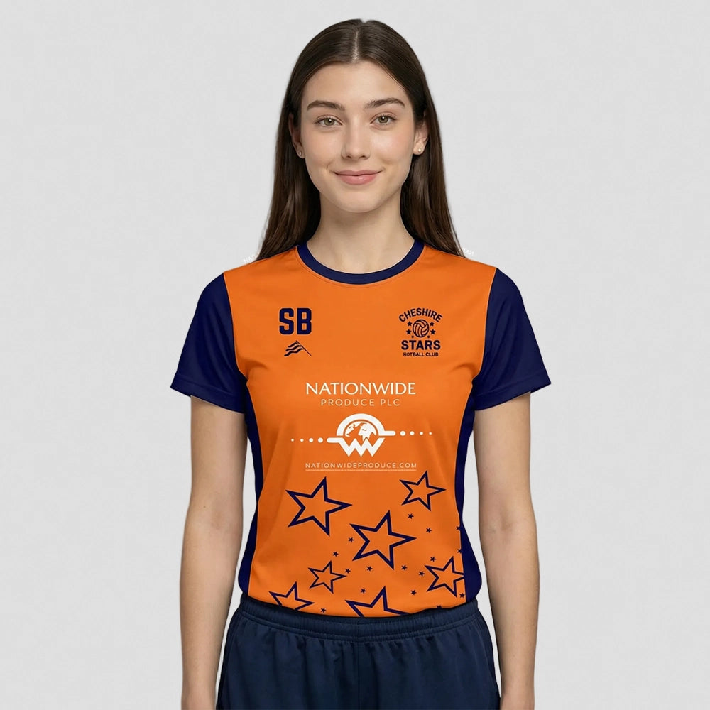 model wearing Cheshire Stars Netball Club Technical Tee – Adult