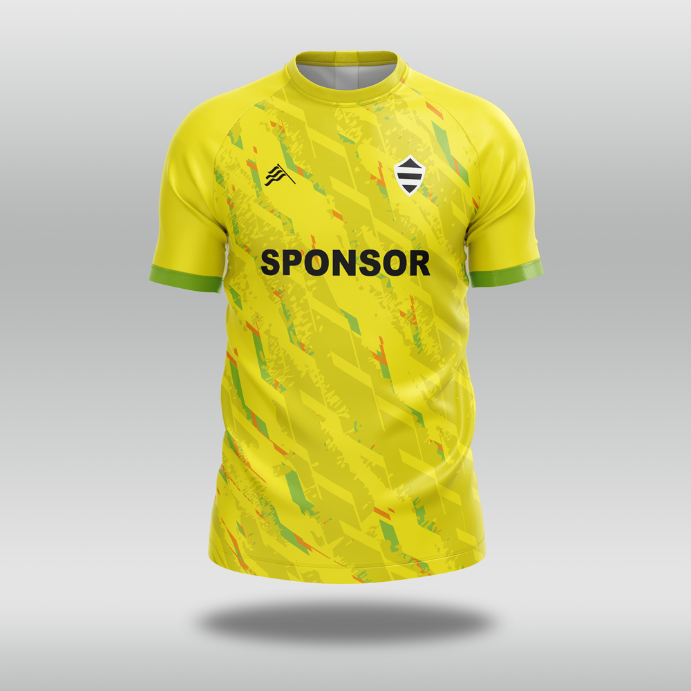 Yellow custom T20 cricket shirt with a pattern and 'SPONSOR' text