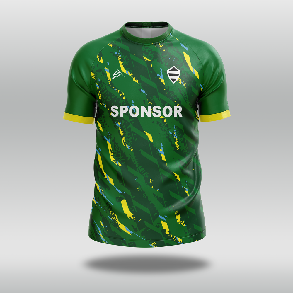 Front view of custom green T20 cricket shirt with yellow and blue accents and a visible sponsor logo