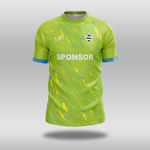 Green T20 cricket shirt with blue and yellow custom patterns