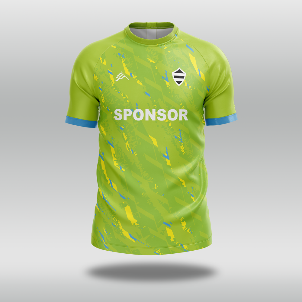 Green T20 cricket shirt with blue and yellow custom patterns