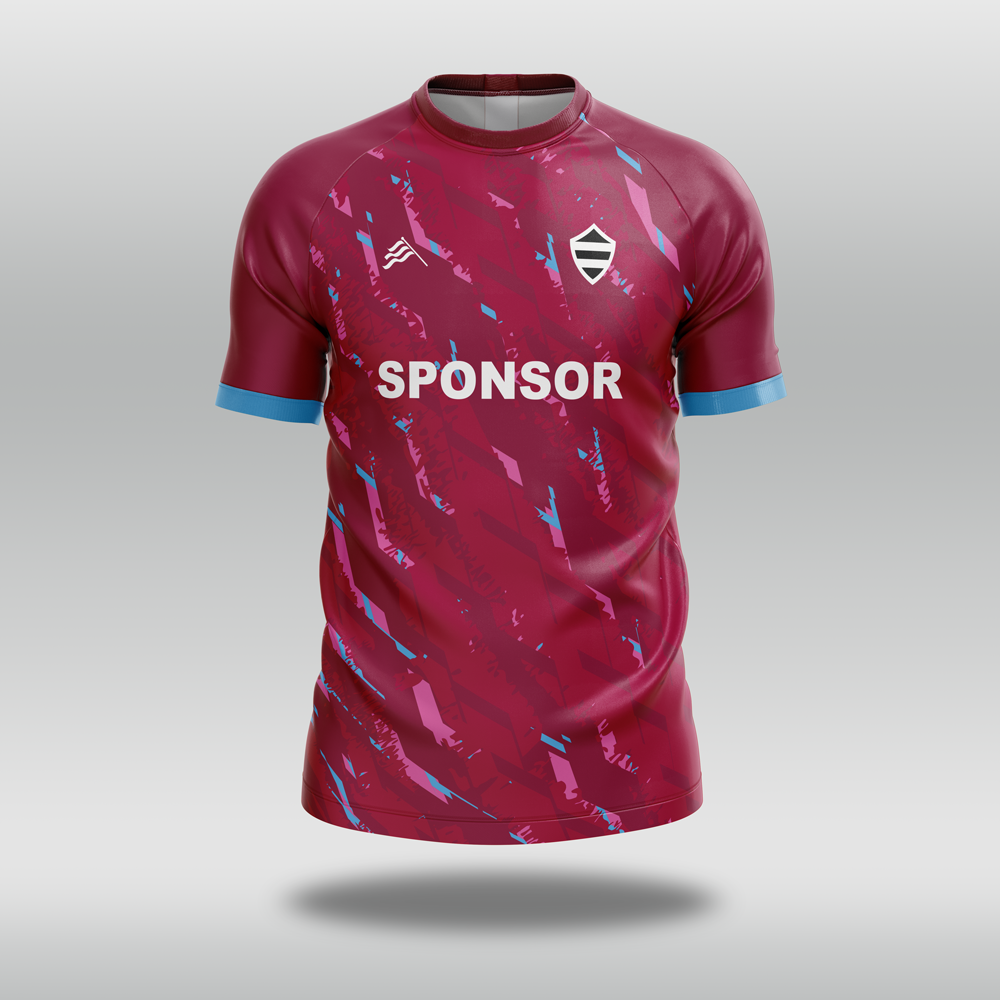 Red custom cricket shirt T20 by Stuart Surridge with blue accents and a visible sponsor logo
