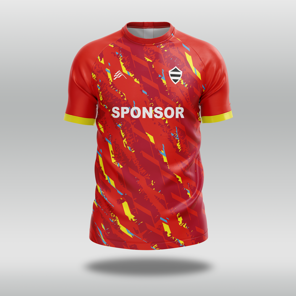 Red custom T20 cricket shirt with colourful patterns and a visible sponsor logo