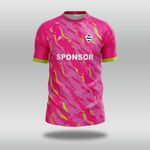 Pink T20 cricket shirt with green accents and a sponsor logo