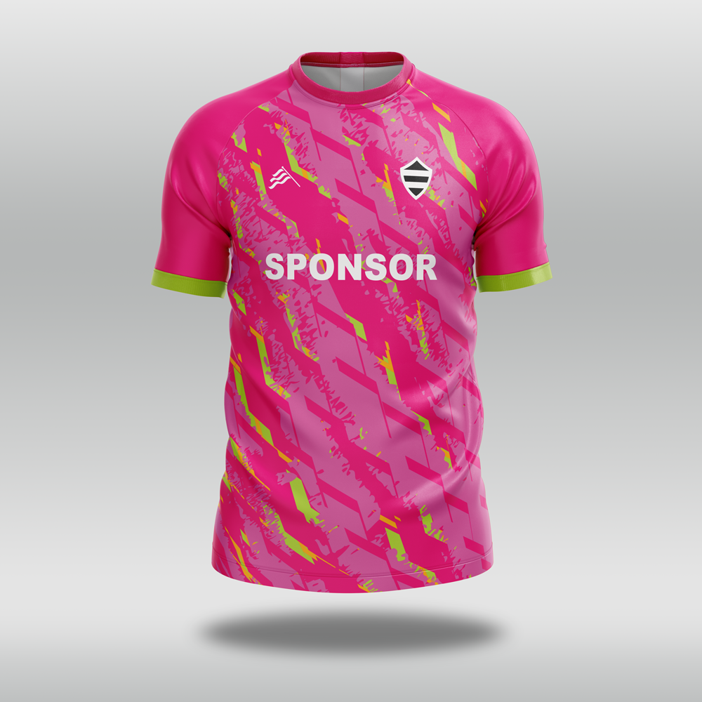 Pink T20 cricket shirt with green accents and a sponsor logo