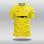 Yellow T20 cricket shirt with 'SPONSOR' text and a sublimated pattern