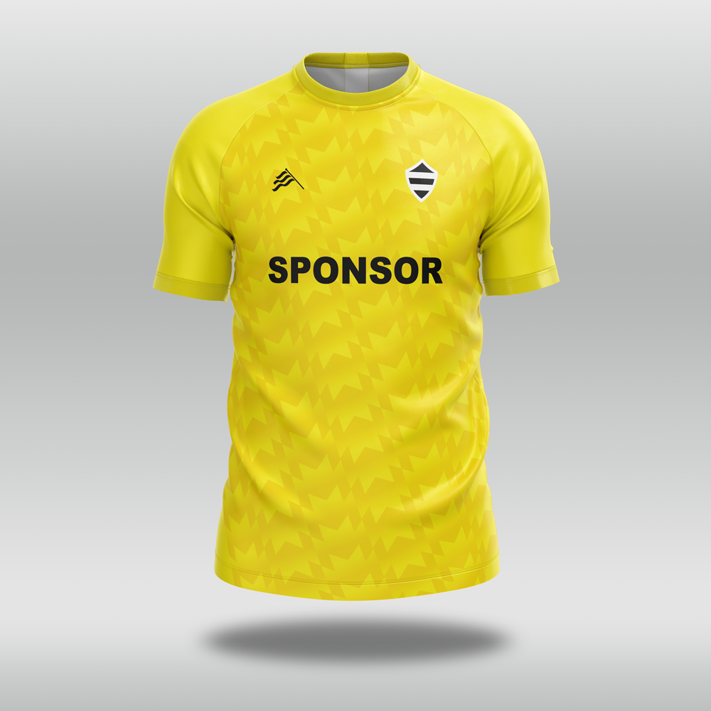 Yellow T20 cricket shirt with 'SPONSOR' text and a sublimated pattern