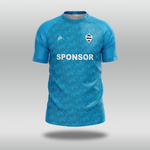 Blue Buccaneer Group cricket shirt with a sponsor logo