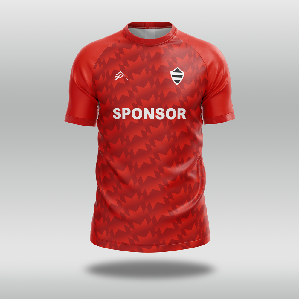 Red sports jersey with a pattern and 'SPONSOR' text