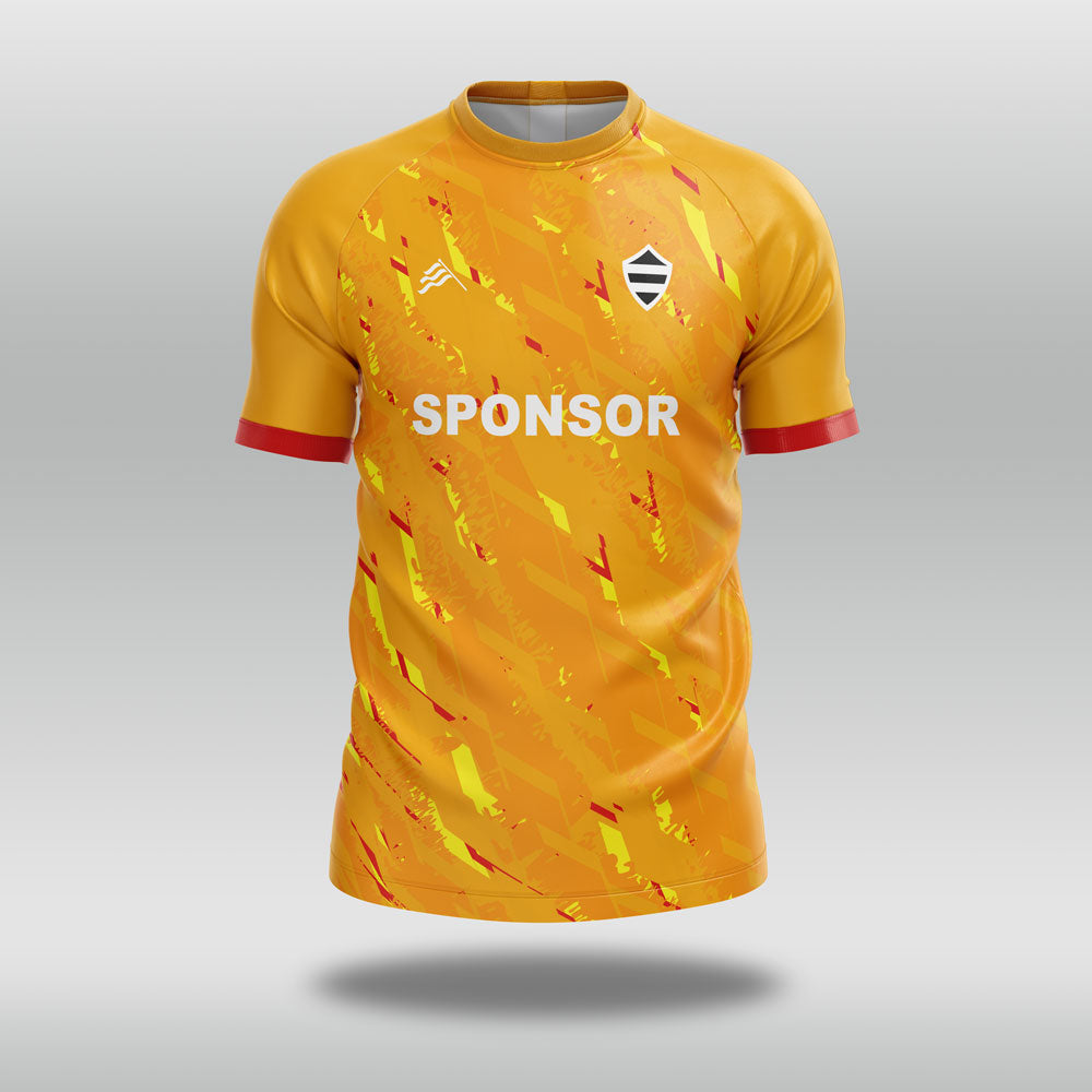 Buttercup T20 custom cricket shirt with red/yellow accents and a visible sponsor logo