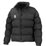 Black puffer jacket with a logo on a white background