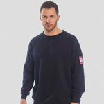 A model wearing a Flame Resistant Anti-Static Long Sleeve Sweatshirt