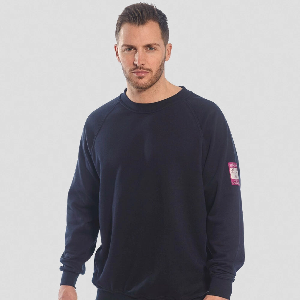 A model wearing a Flame Resistant Anti-Static Long Sleeve Sweatshirt