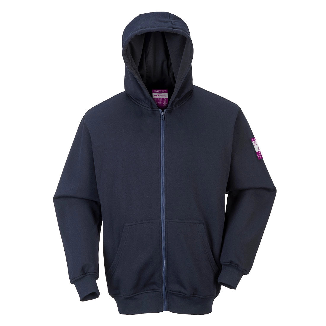 A navy Portwest - FR Zip Front Hooded Sweatshirt