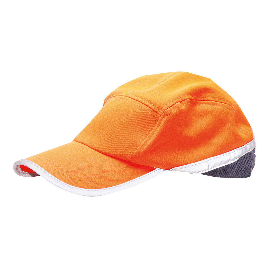 An orange Portwest hi-vis baseball cap with a white and grey trim, featuring a metal adjuster at the back.