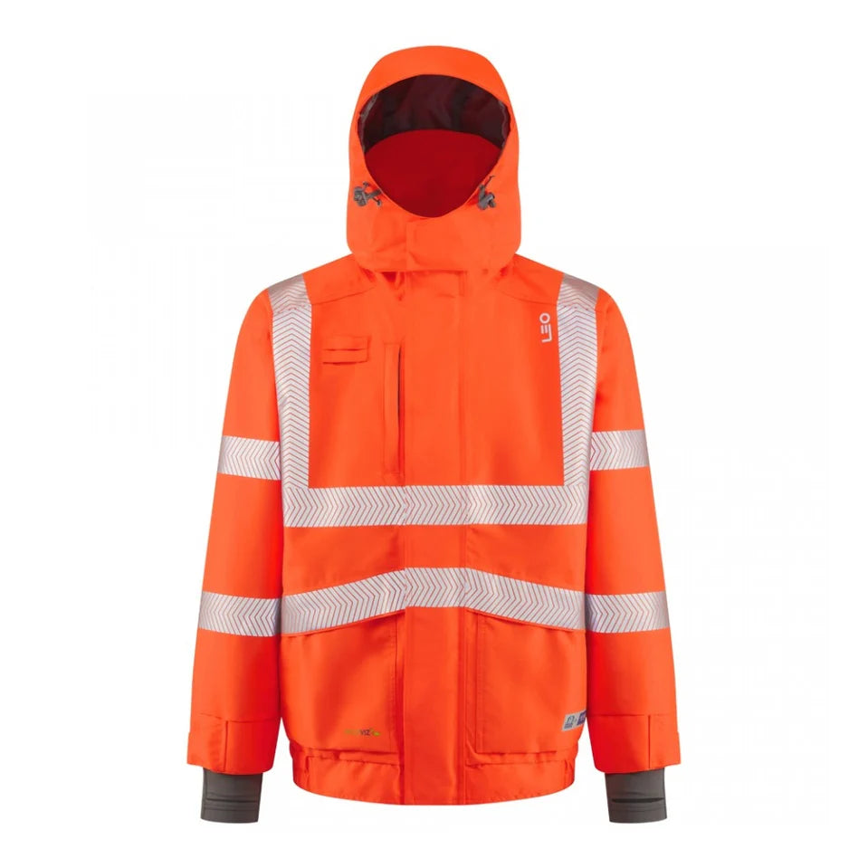 Leo Dartmoor EcoViz Breathable Bomber Jacket in Orange with hood attached