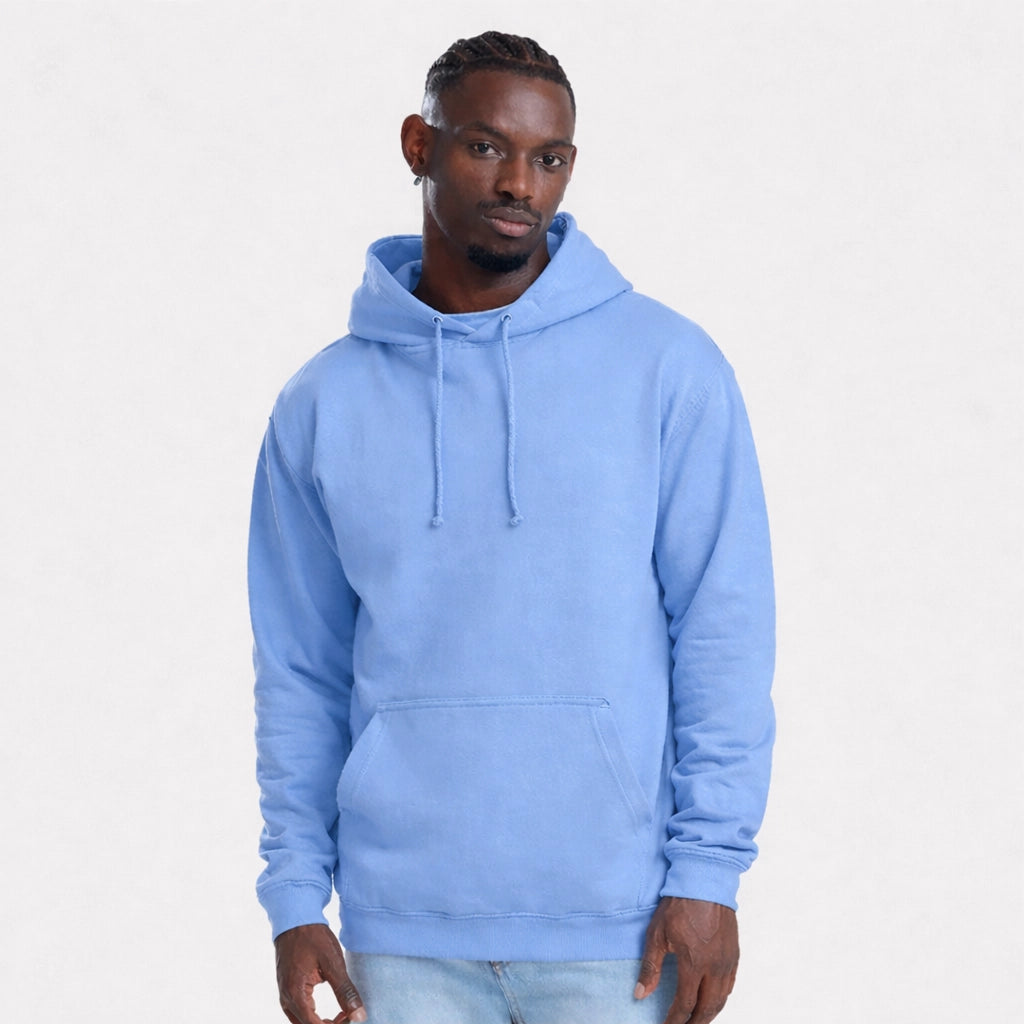 Man wearing a light blue AWDis JH001 College Hoodie