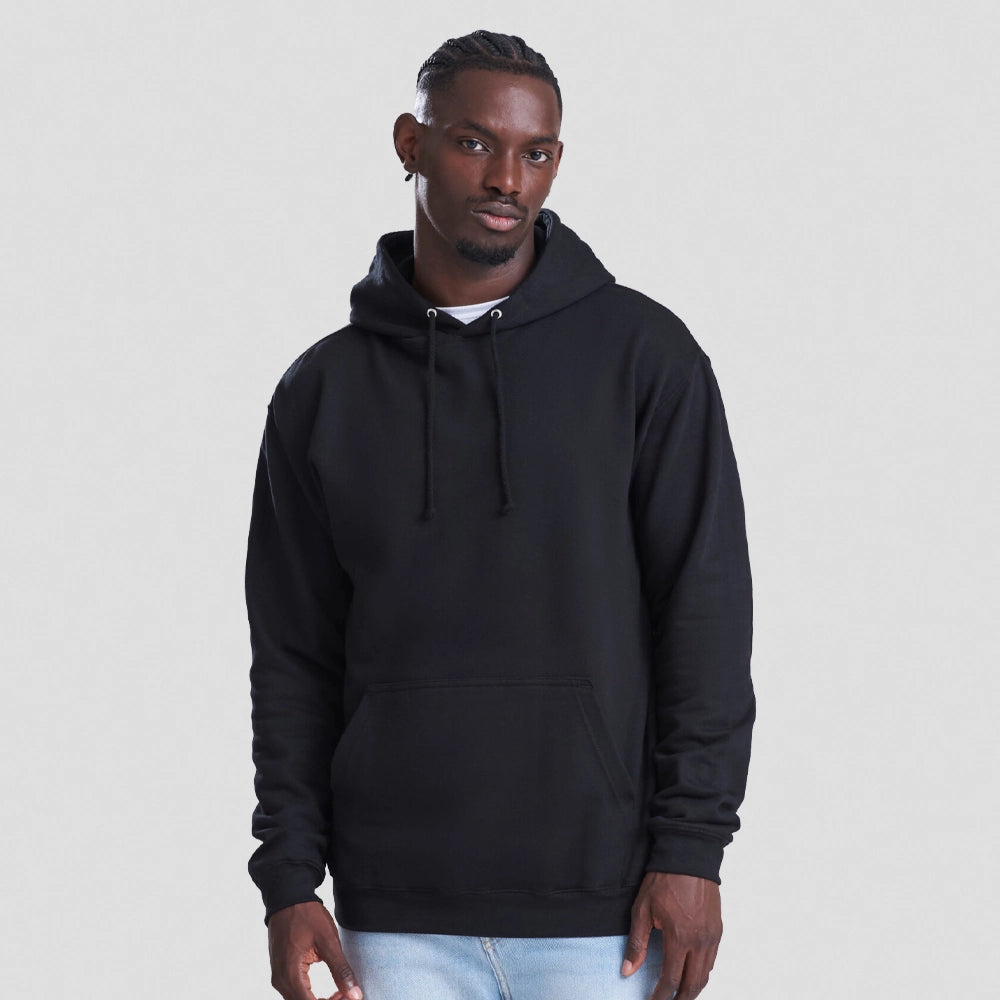 Man wearing a black AWDIS Just Hoods JH001 College Hoodie