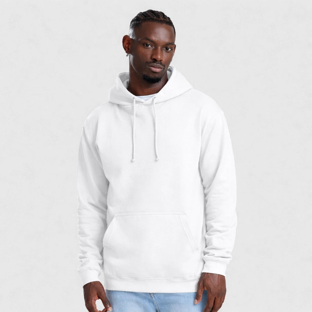 Man wearing a white AWDis JH001 College Hoodie