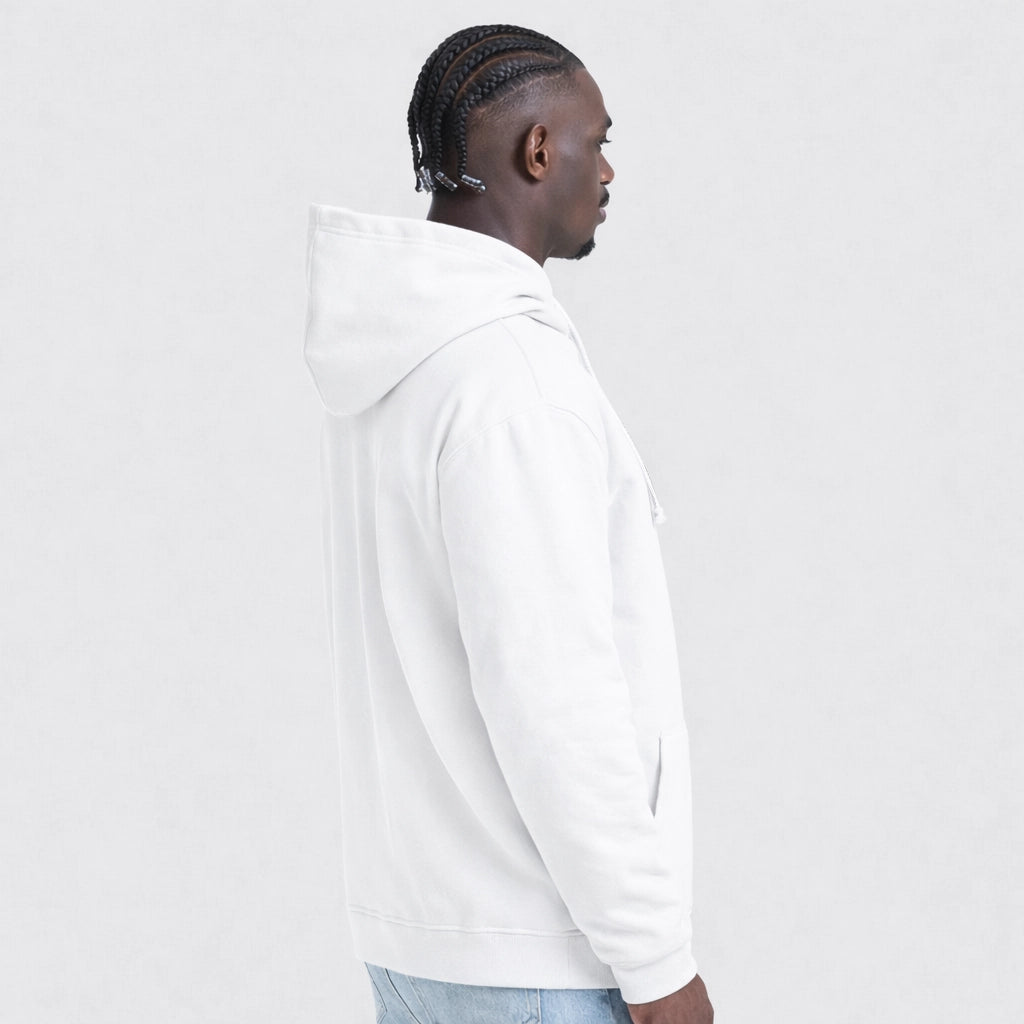 Person wearing a white AWDis JH001 College Hoodie