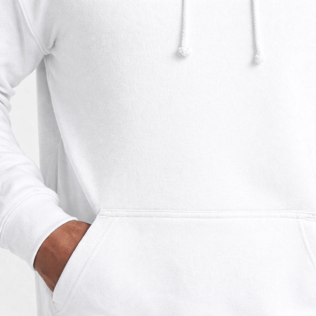 A close up of a pocket of a white AWDis JH001 College Hoodie