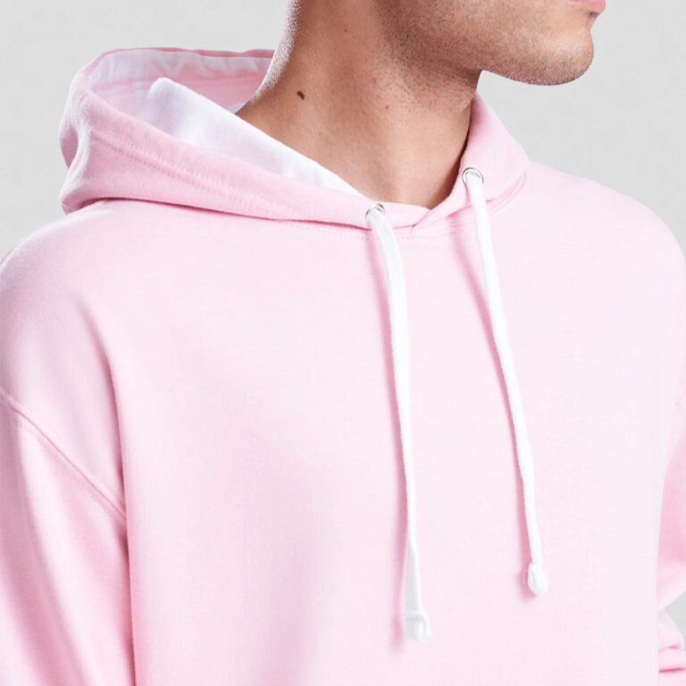 Close-up of a hood and drawstring of a pink AWDis Varsity Hoodie