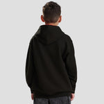 Rear view of Model wearing the AWDis Kids Varsity Hoodie JH003B in Jet Black / Fire Red