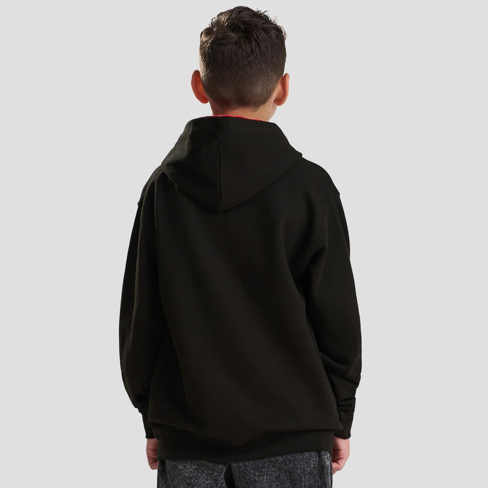 Rear view of Model wearing the AWDis Kids Varsity Hoodie JH003B in Jet Black / Fire Red