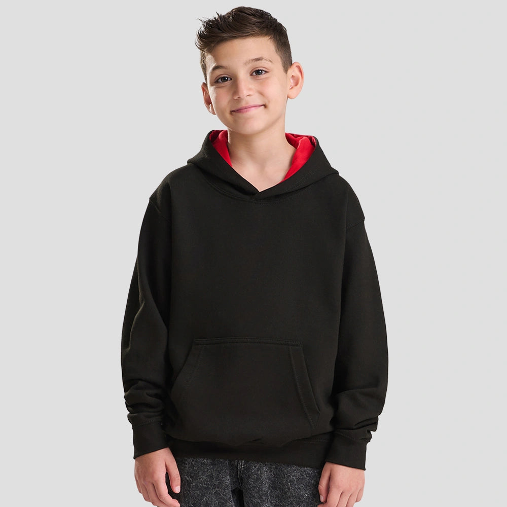 Model wearing the AWDis Kids Varsity Hoodie JH003B in Jet Black / Fire Red