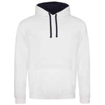 White hoodie with black drawstrings on a white background