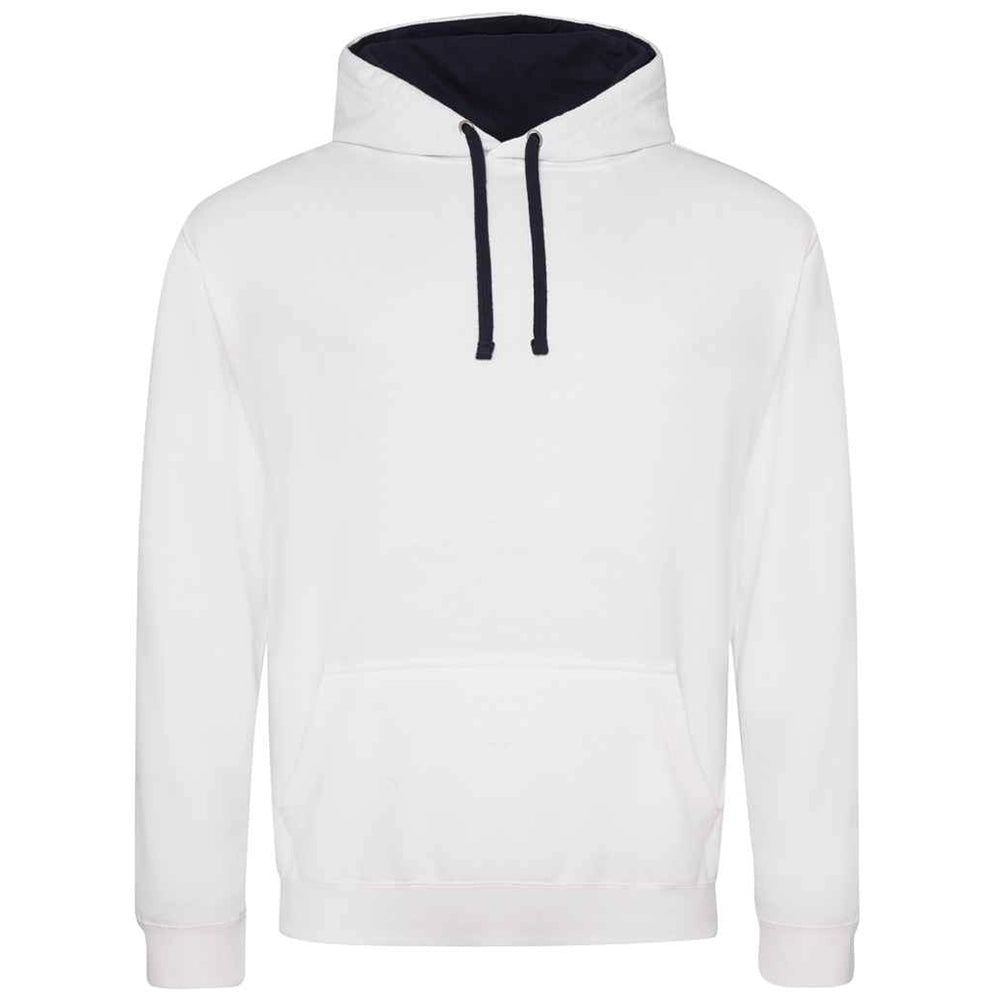 White hoodie with black drawstrings on a white background